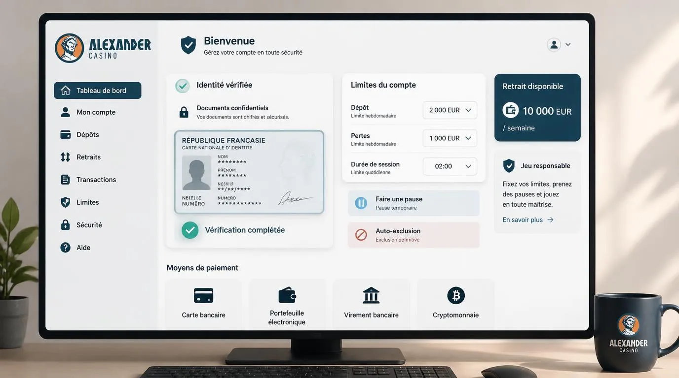 Interface de vérification d’identité avec documents confidentiels et réglages des limites du compte
