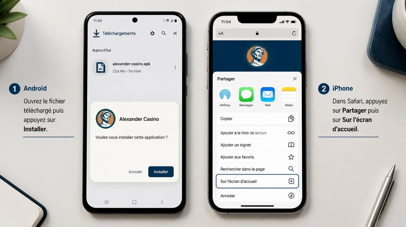 Deux smartphones montrant l’installation d’un APK Android et l’ajout d’un raccourci web sur iPhone