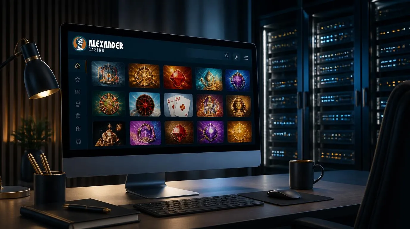 Interface de casino sur ordinateur avec catalogue de jeux et infrastructure serveur en arrière-plan