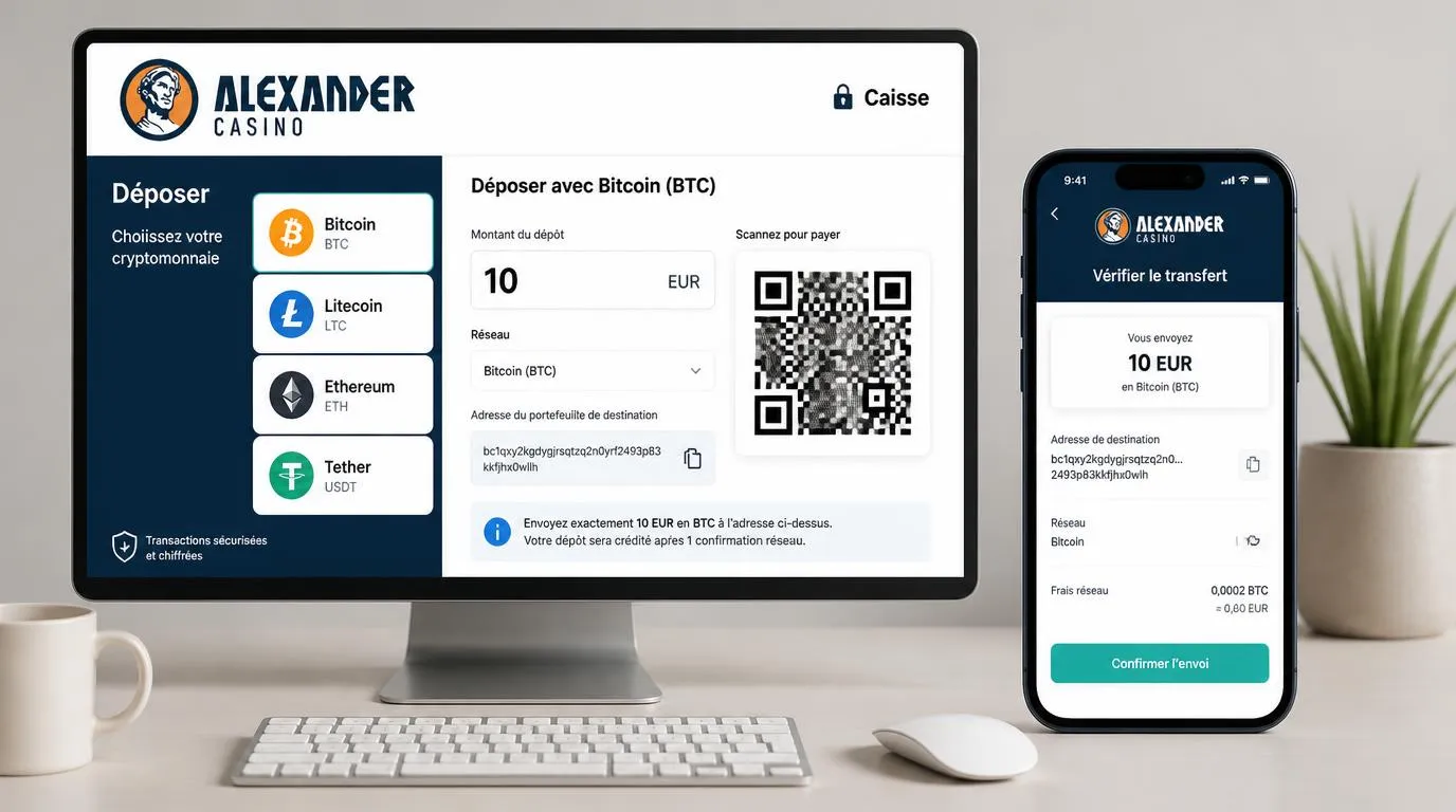 Interface de dépôt crypto avec Bitcoin, Litecoin, Ethereum, Tether et un minimum de 10 EUR