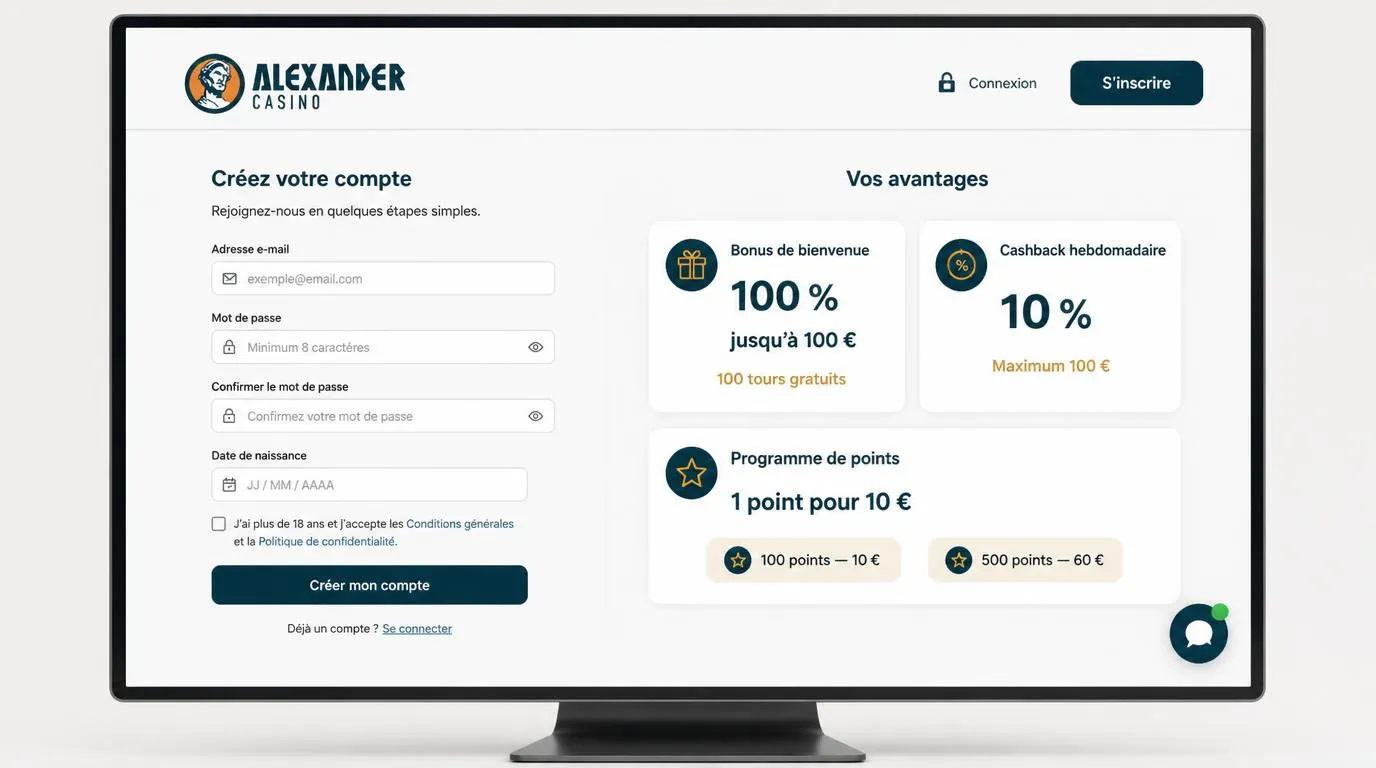 Interface d’inscription avec cartes de bonus, cashback hebdomadaire, points et bouton de discussion en direct