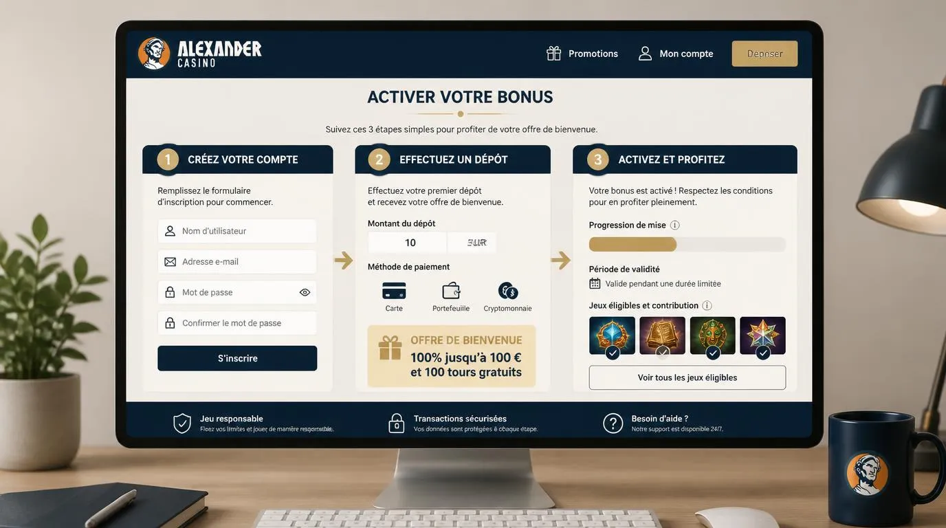 Interface de casino avec sélection du bonus, dépôt de 10 EUR et barre de progression des mises