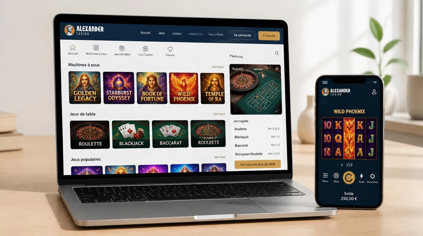 Interfaces de machines à sous et de jeux de table sur ordinateur et smartphone, avec commandes lisibles