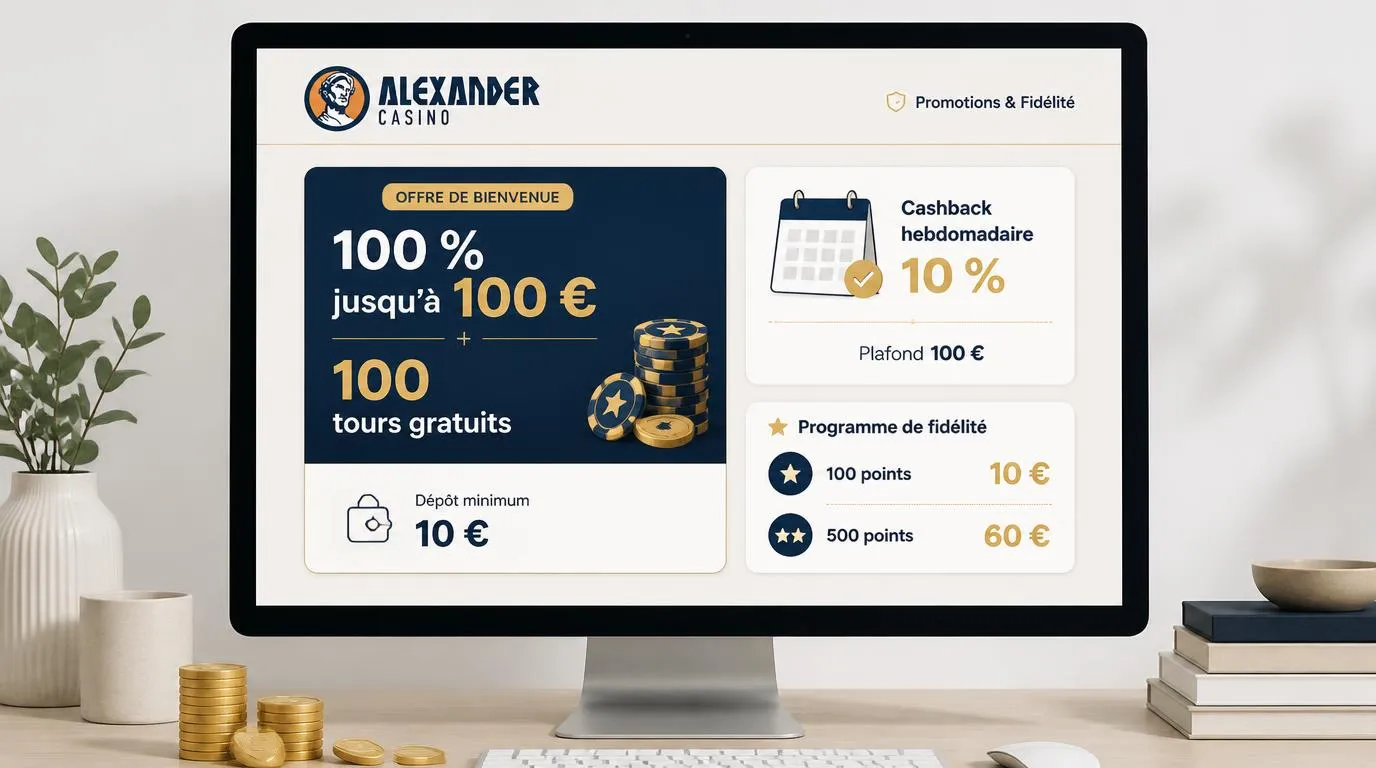 Interface de casino présentant le bonus de bienvenue, le dépôt minimum et les récompenses hebdomadaires