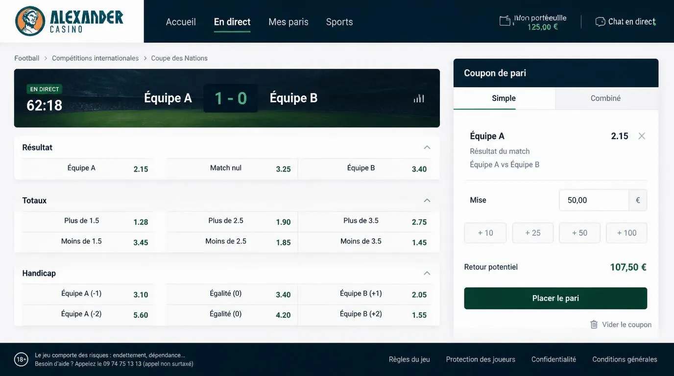 Interface de paris sportifs avec marchés, cotes décimales et ticket de pari simple