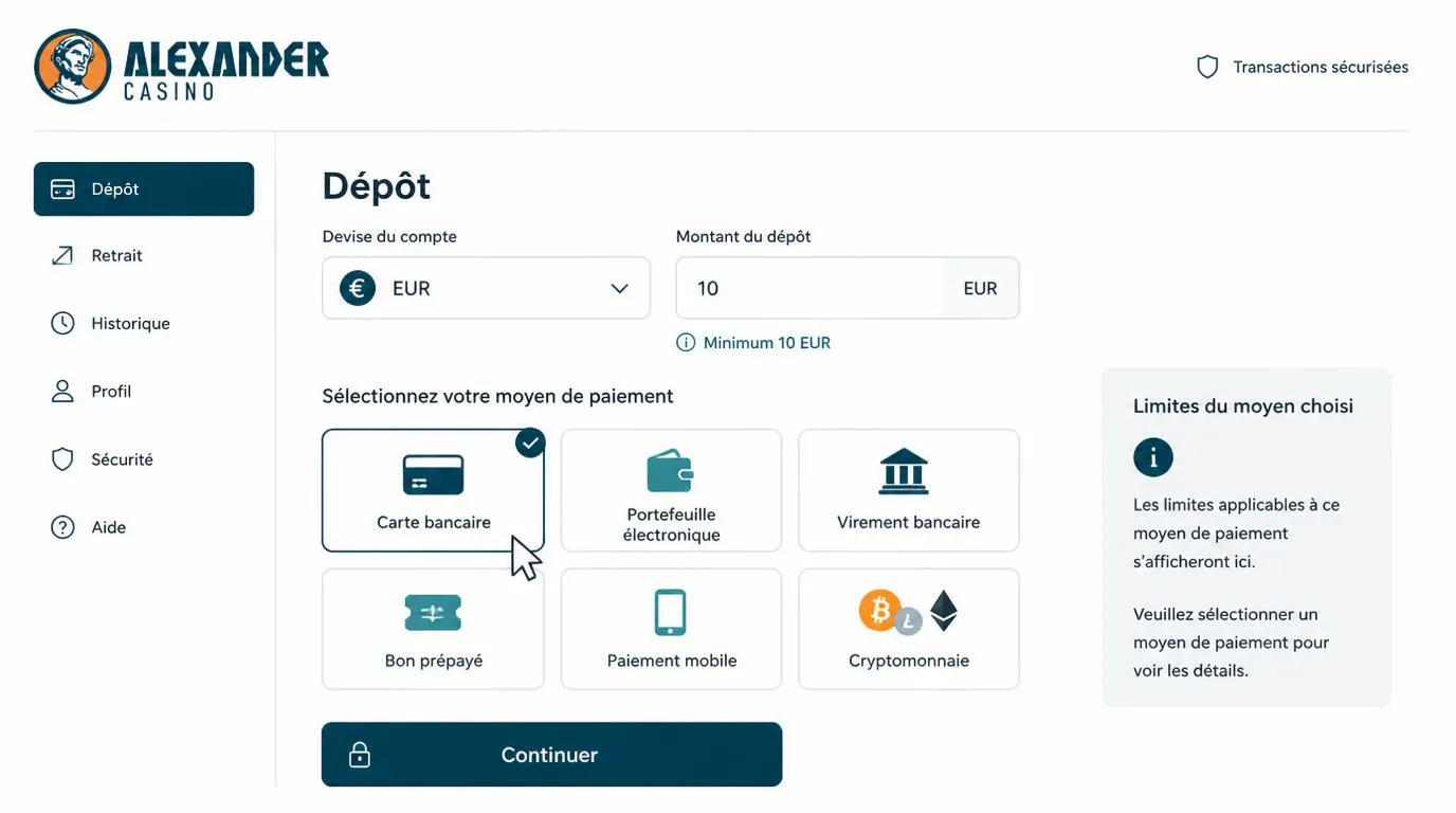 Interface de caisse en euros avec dépôt minimum de 10 EUR et sélection du moyen de paiement