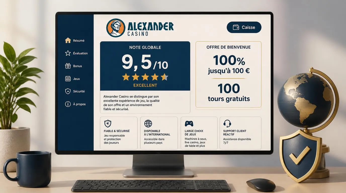 Écran de bilan casino affichant une note de 9,5/10, une offre de bienvenue et un accès à la caisse