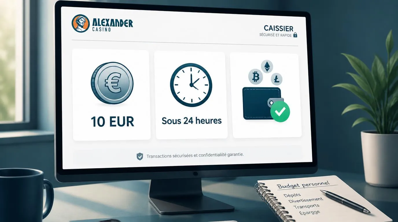 Interface de caisse avec dépôt de 10 EUR, retrait sous 24 heures et option de dépôt en cryptomonnaies
