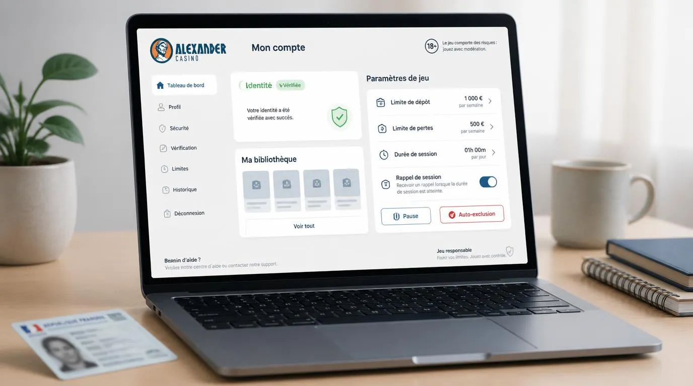 Interface de compte avec contrôle d’identité, accès réservé aux adultes et réglages des limites de jeu