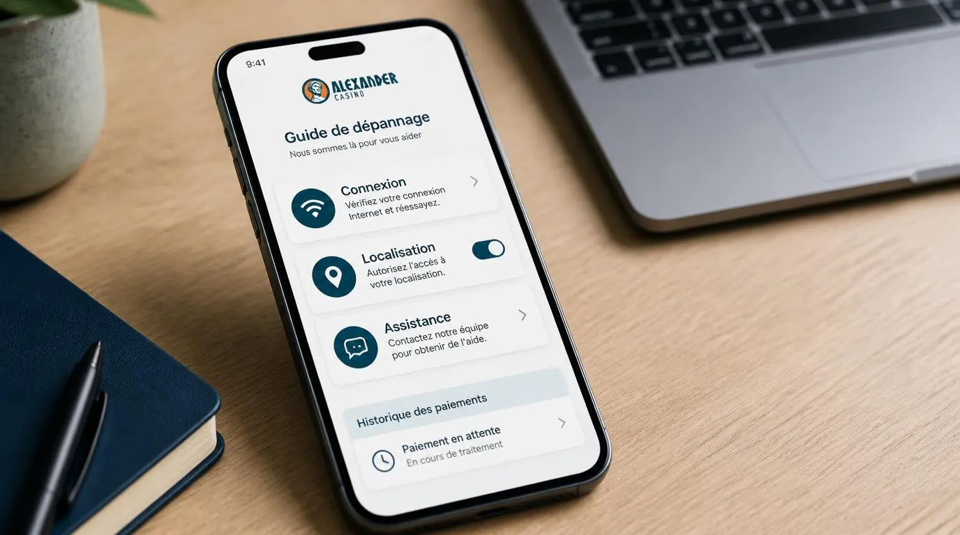Téléphone affichant des réglages de connexion et un chat d’assistance pour résoudre un problème de casino mobile
