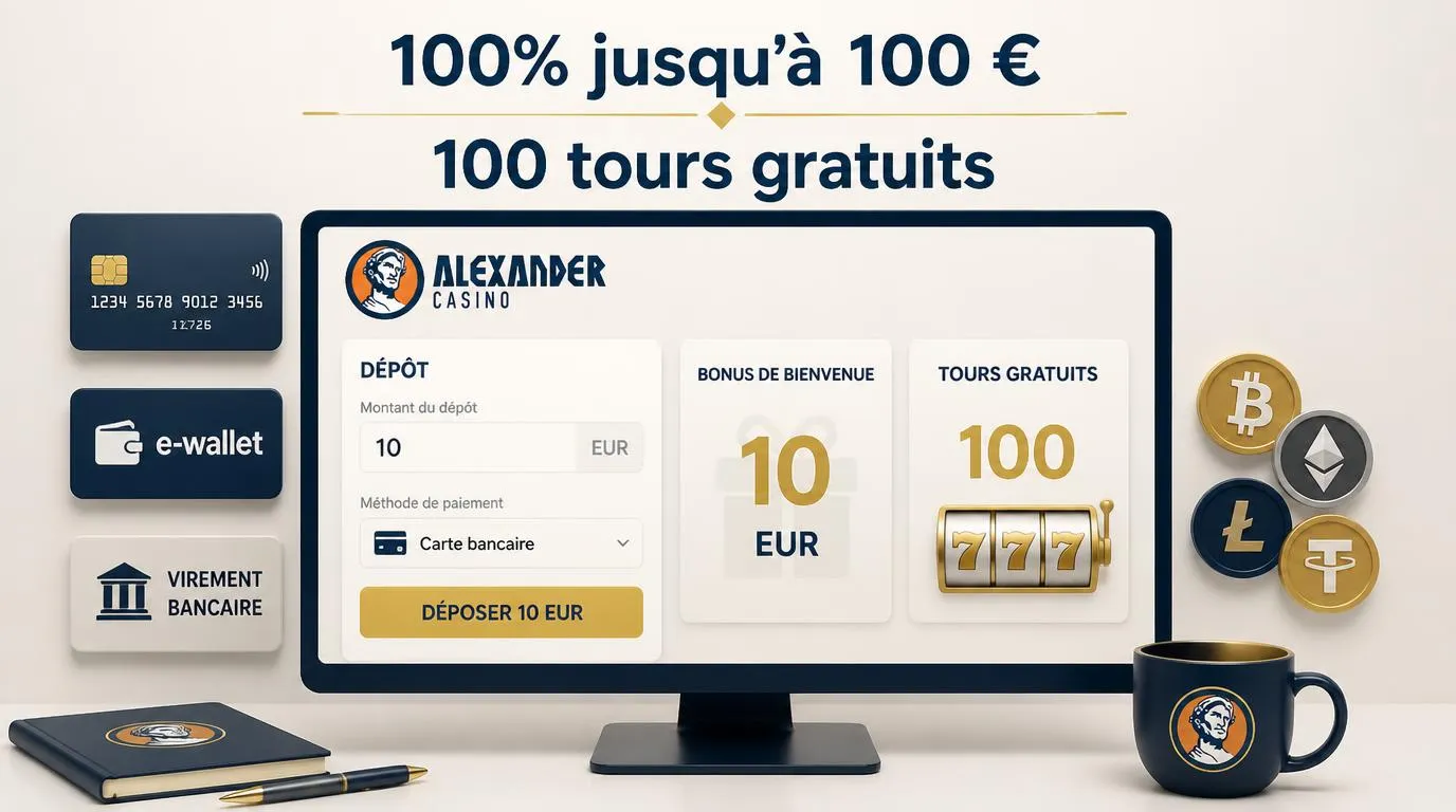 Illustration du dépôt minimum de 10 EUR et du bonus de 100% jusqu’à 100 € avec 100 tours gratuits