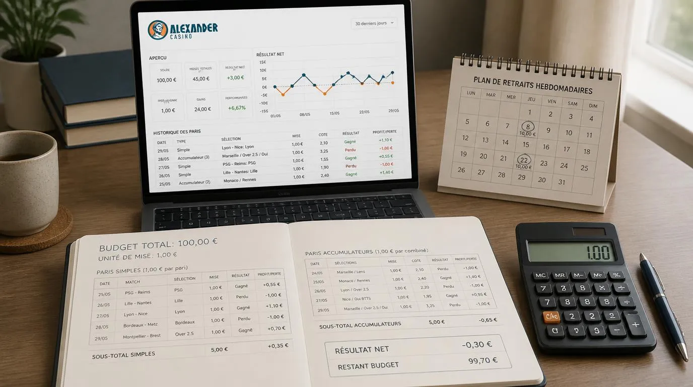 Carnet de suivi des paris en EUR, calculatrice et budget réparti en petites unités de mise